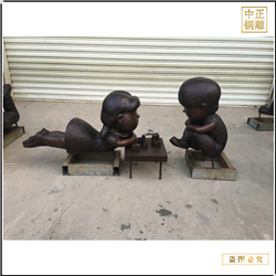 鑄銅關公 小孩玩積木銅雕塑